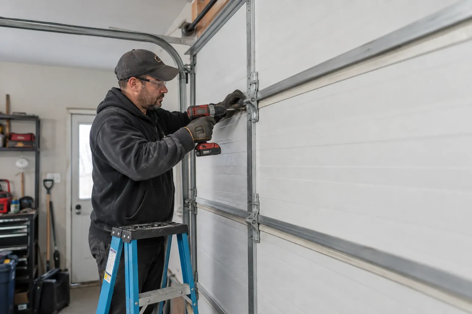 Illustrative garage doors scene; not an actual job