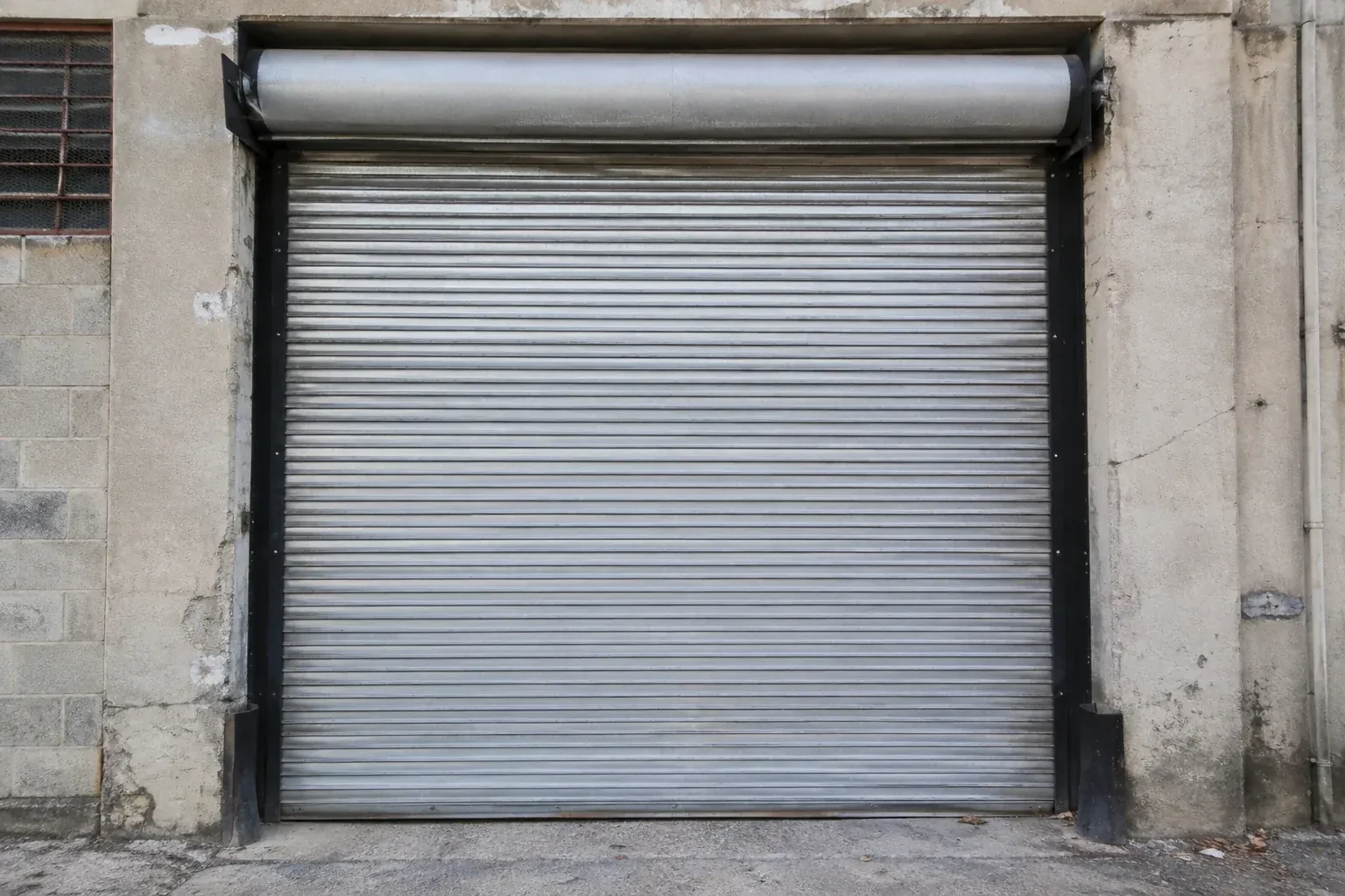 Closed metal rolling shutter in a weathered warehouse opening. — Commercial Rolling Door Repair, Georgina