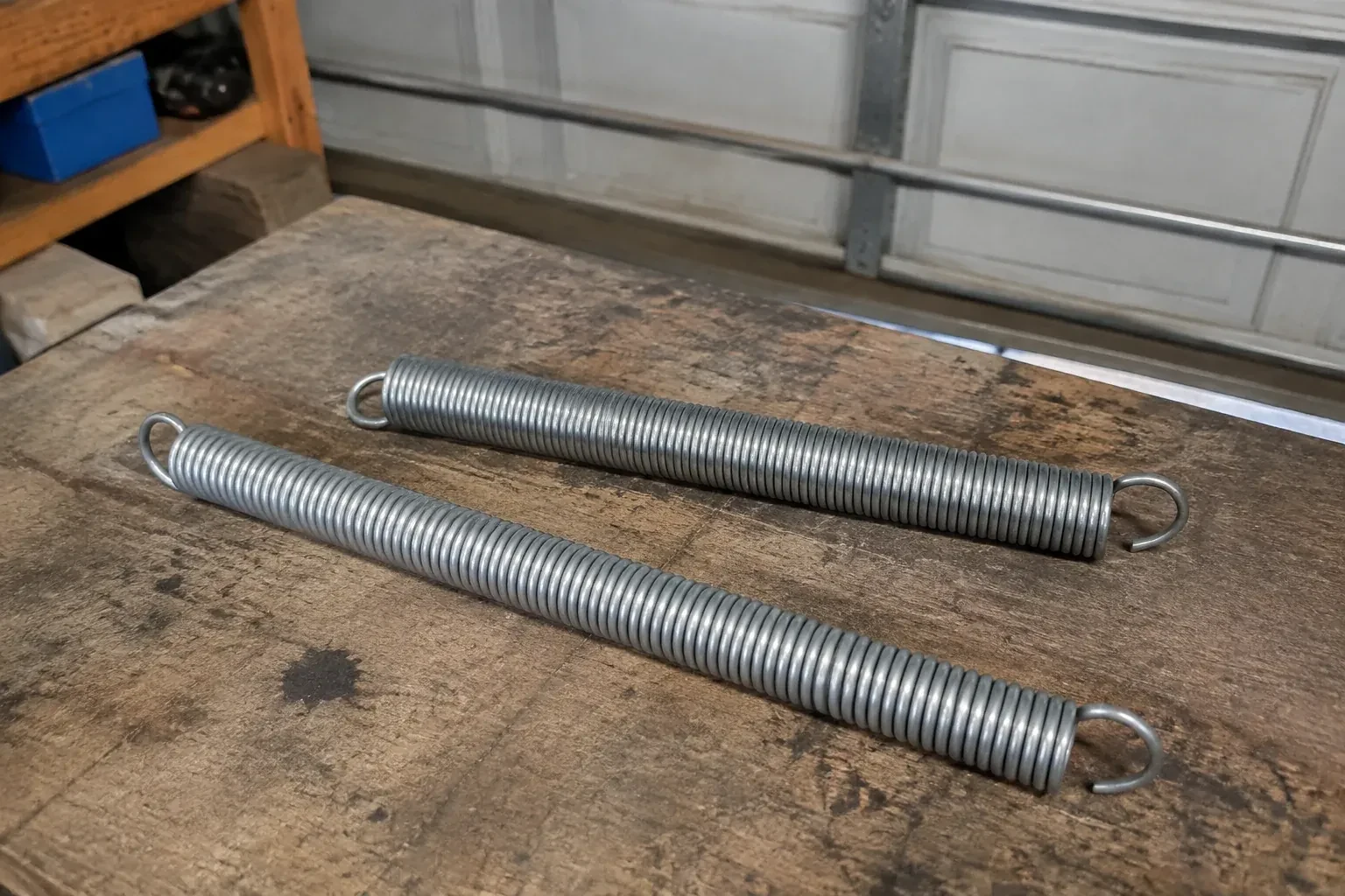 Two detached extension springs with hooked ends on a garage bench. — Extension Spring Replacement, Georgina