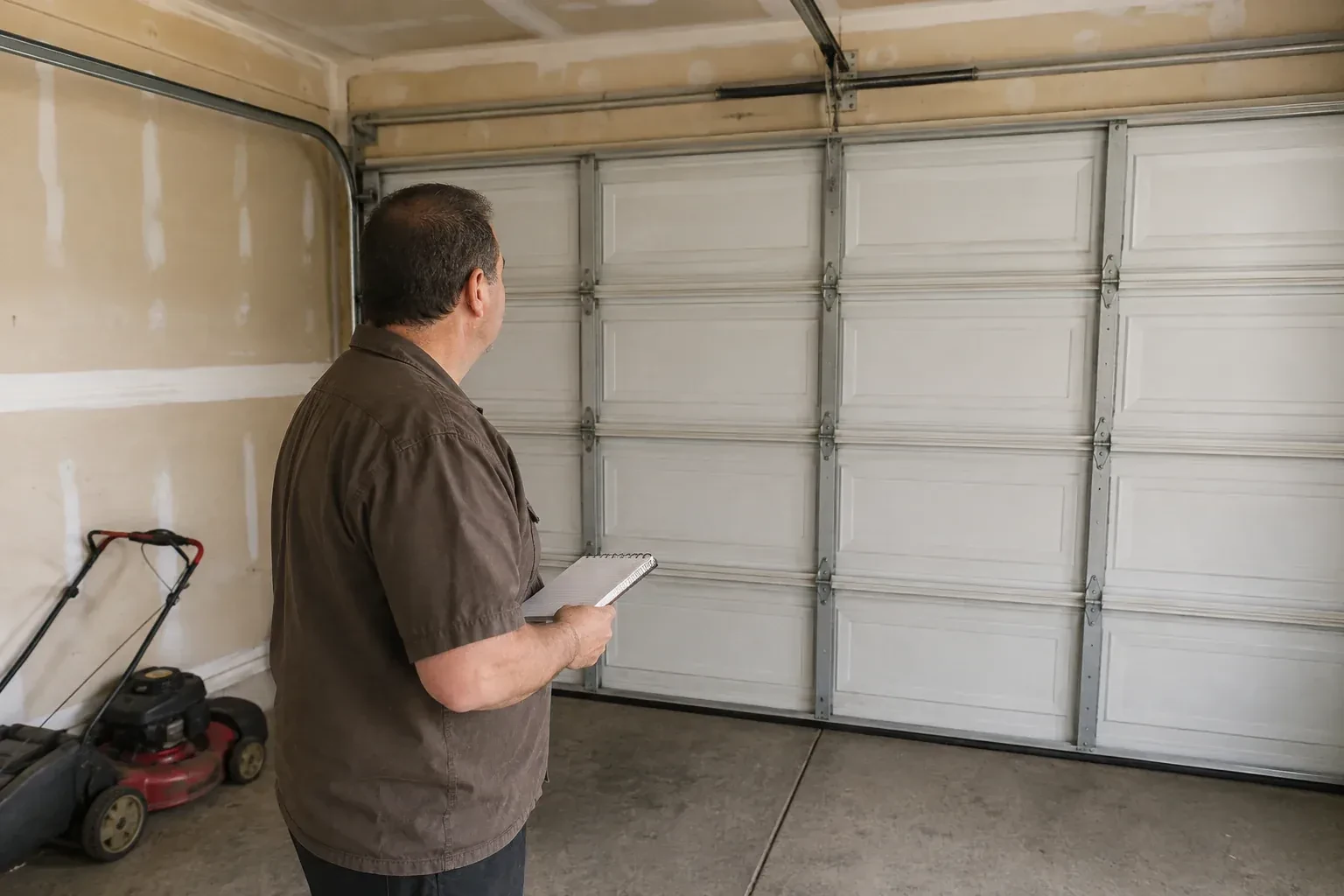 Technician holding a notebook while looking at a closed sectional door. — Garage Door Balance Adjustment, Georgina
