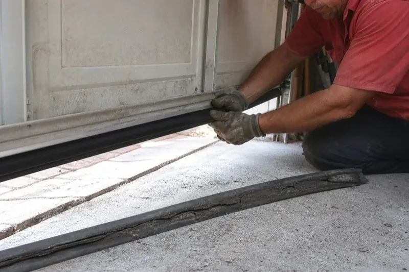 Person fitting a black strip along the bottom edge of a partly raised garage door, with a cracked strip lying on the floor. — Garage Door Bottom Seal Replacement, Georgina