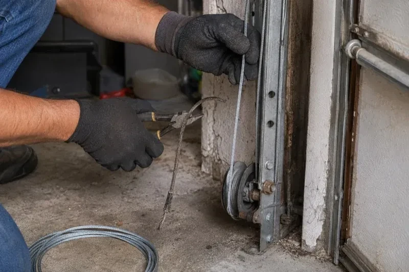 Gloved hands holding a bright cable and pliers gripping a frayed cable beside a garage-door track and pulley. — Garage Door Cable Replacement, Georgina