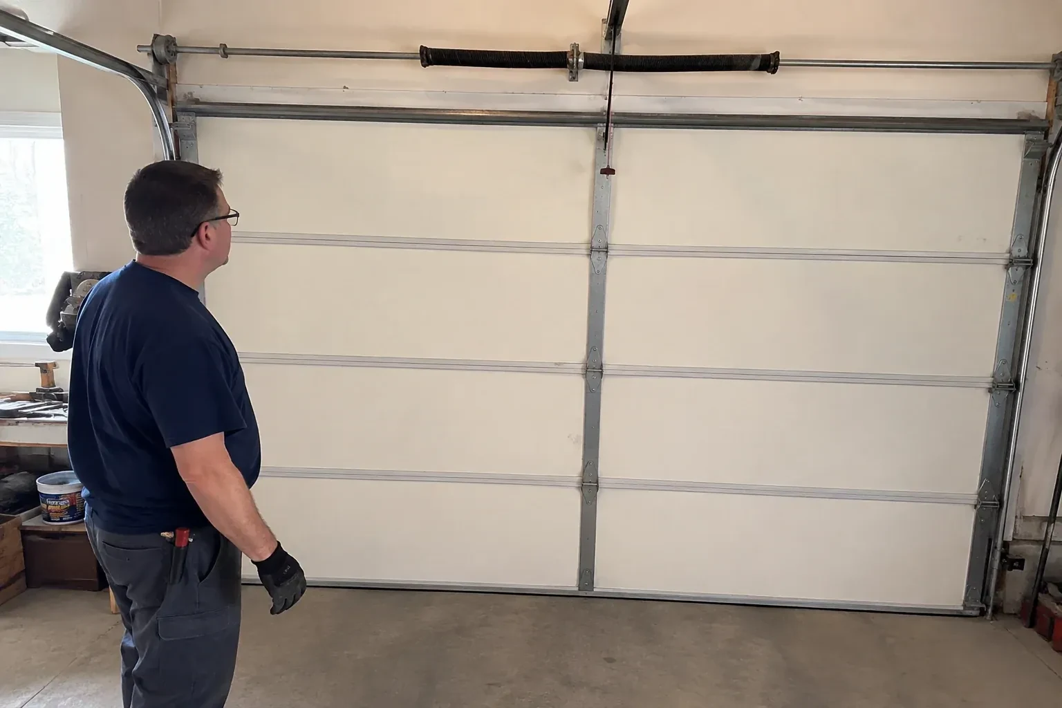 Illustrative garage doors scene; not an actual job — Off-Track Garage Door Reset, Georgina