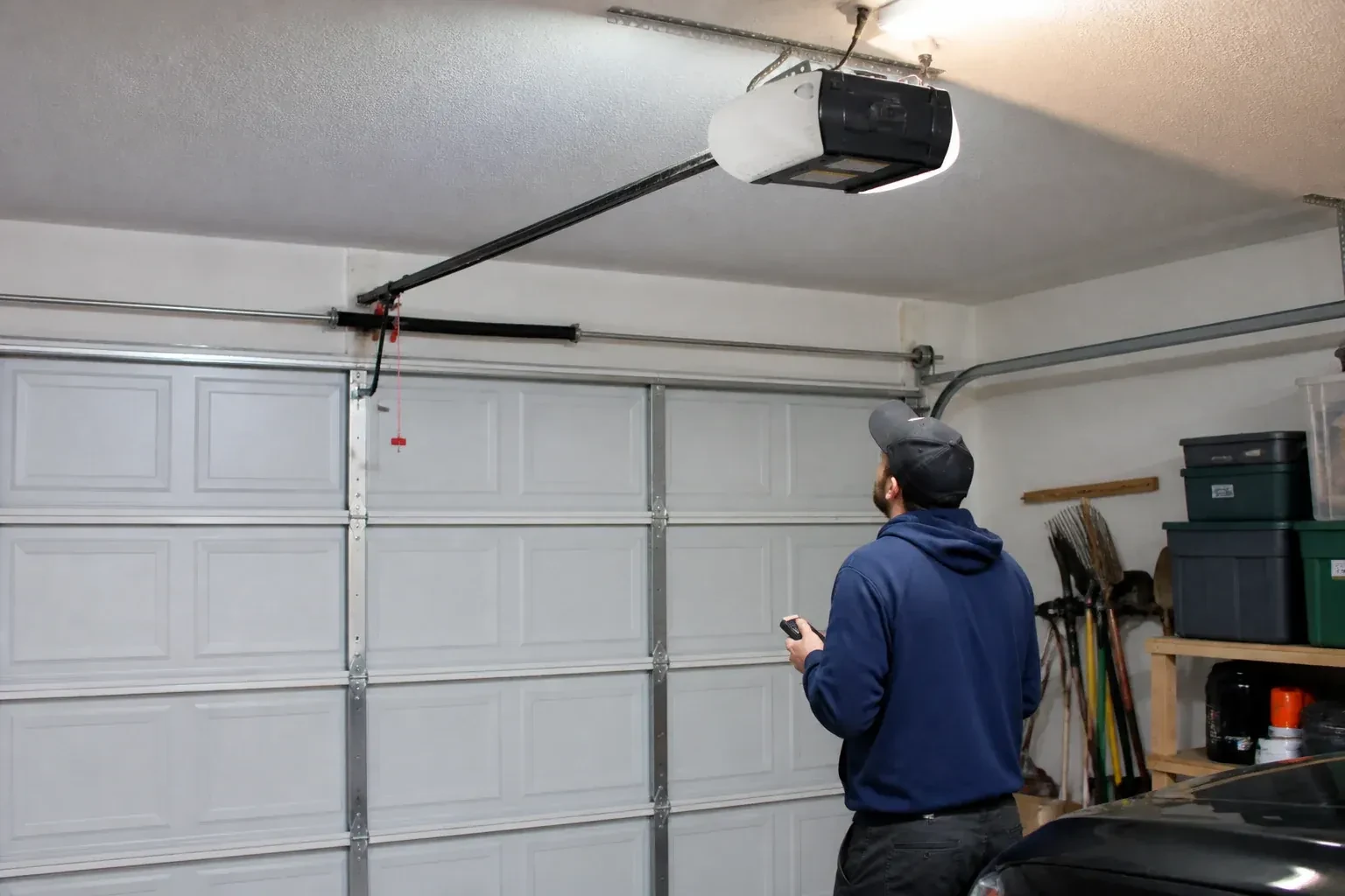 A person holding a remote looks toward an overhead garage-door opener and rail. — Garage Door Opener Diagnosis and Repair, Georgina