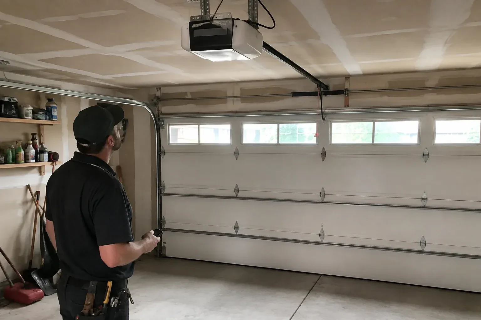 A person looks at an overhead opener above a closed garage door with a row of windows. — Garage Door Opener Replacement, Georgina