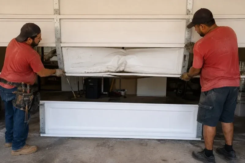 Two people holding a dented lower garage-door section above a separate white panel resting on the ground. — Garage Door Panel Replacement, Georgina