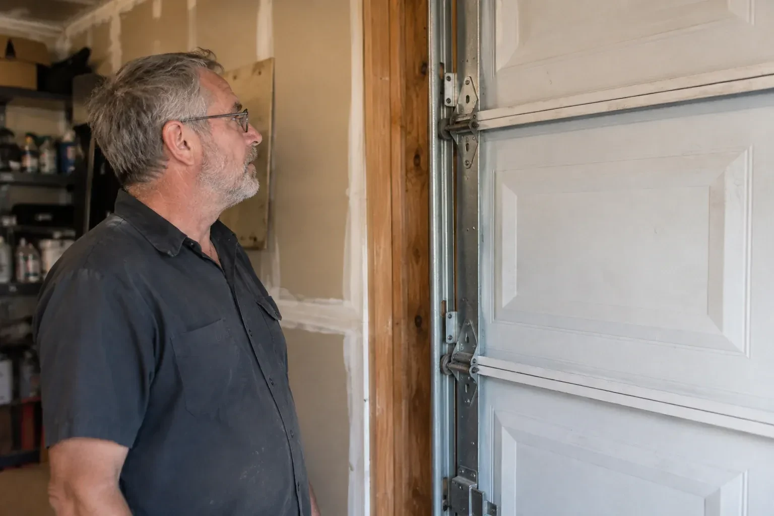 Technician looking at vertical garage door track and edge hinges. — Garage Door Track Repair or Replacement, Georgina
