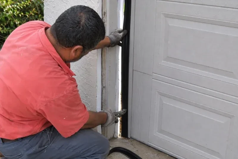 Gloved person holding a black strip along the side of a sectional garage-door opening — Garage Door Perimeter Weatherstrip, Georgina