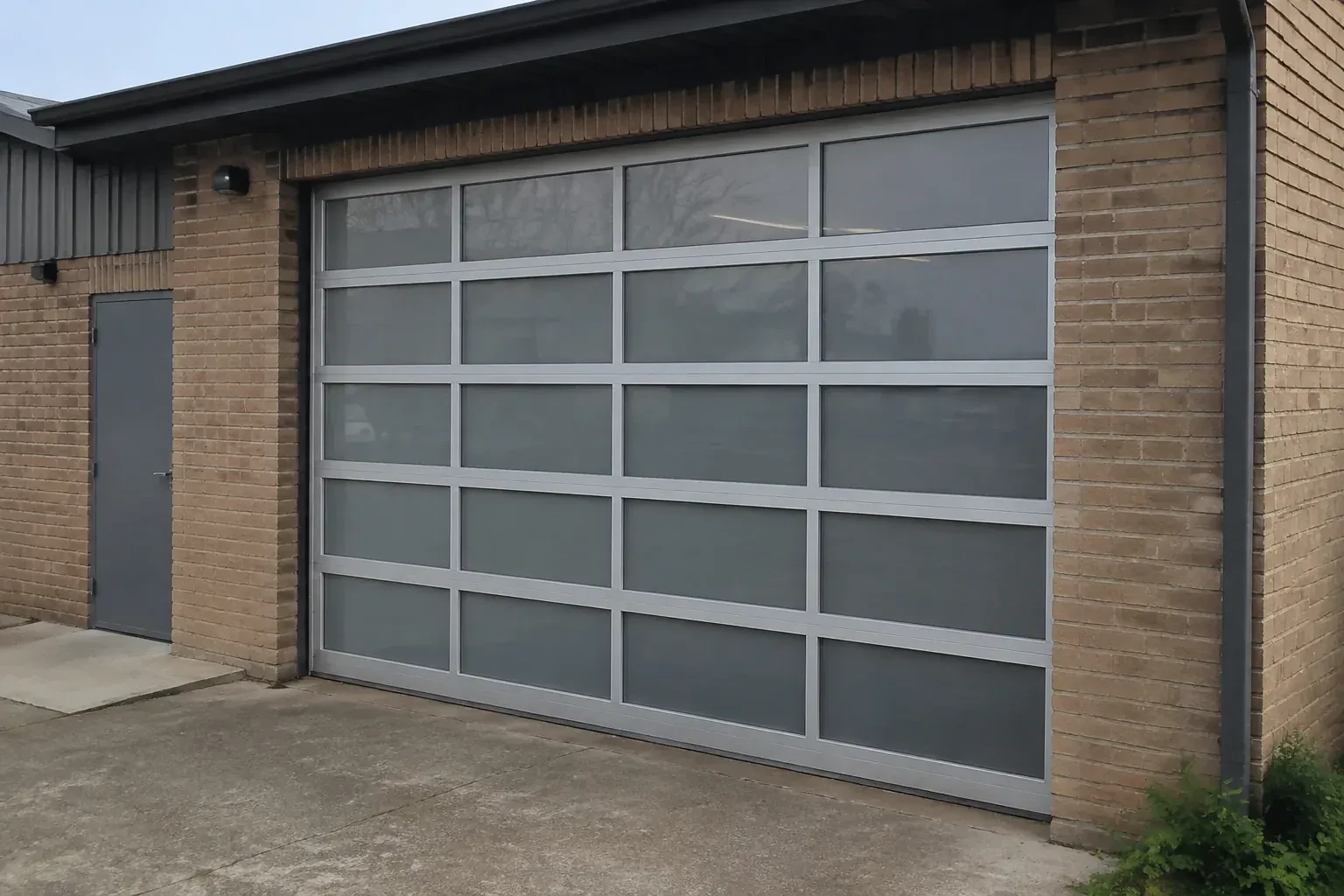 Closed glazed sectional door in a grey metal frame at a brick workshop. — Full-View Glass Garage Door Installation, Georgina