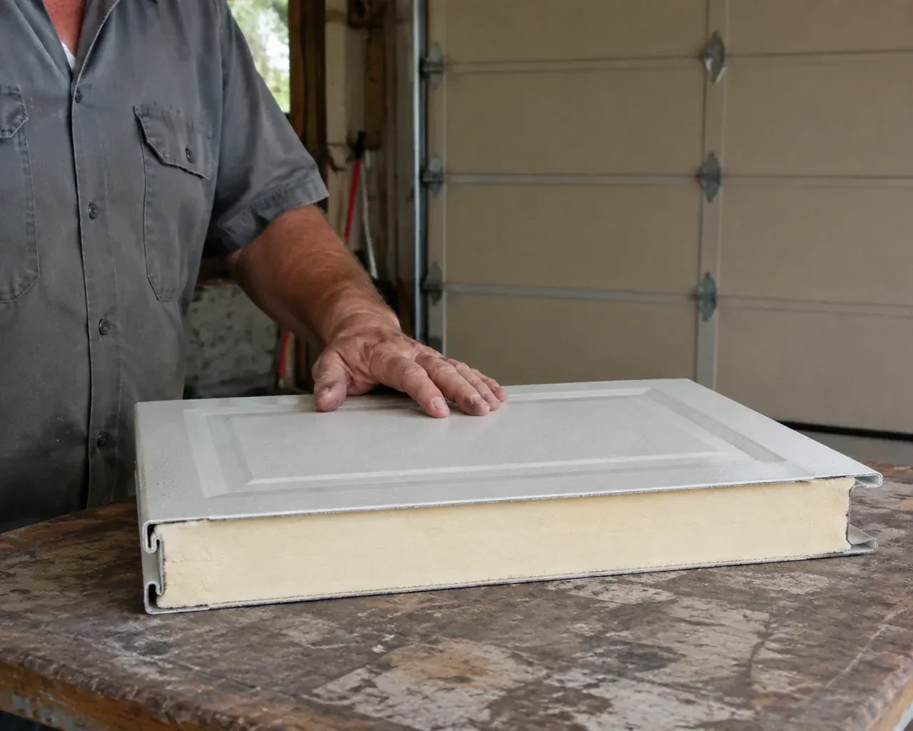 A panel sample exposes a cream foam core between thin metal faces on a garage workbench. — Insulated Steel Garage Door Installation, Georgina
