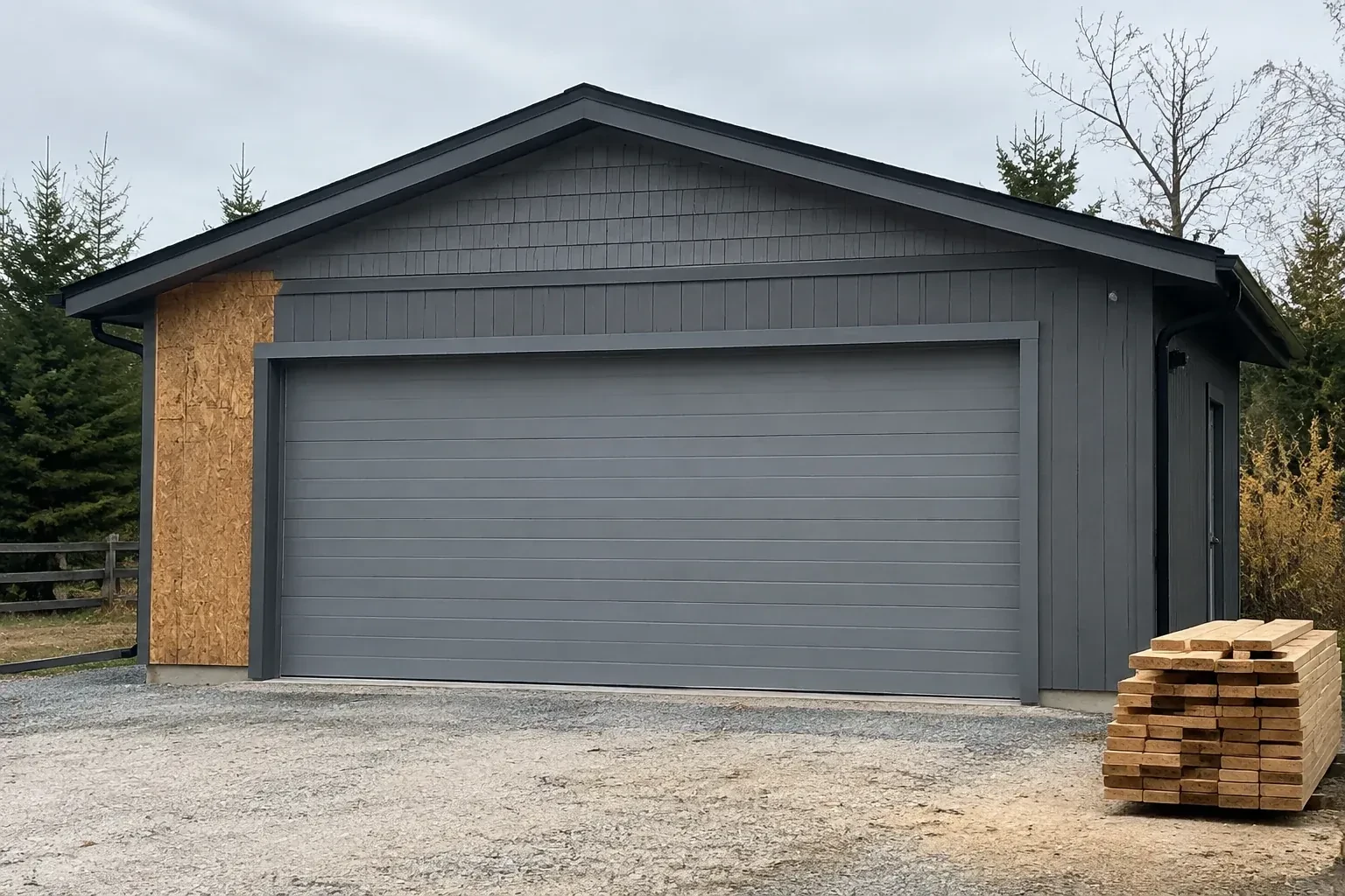 Closed grey garage door on a partly finished building beside stacked lumber. — New-Construction Garage Door Installation, Georgina
