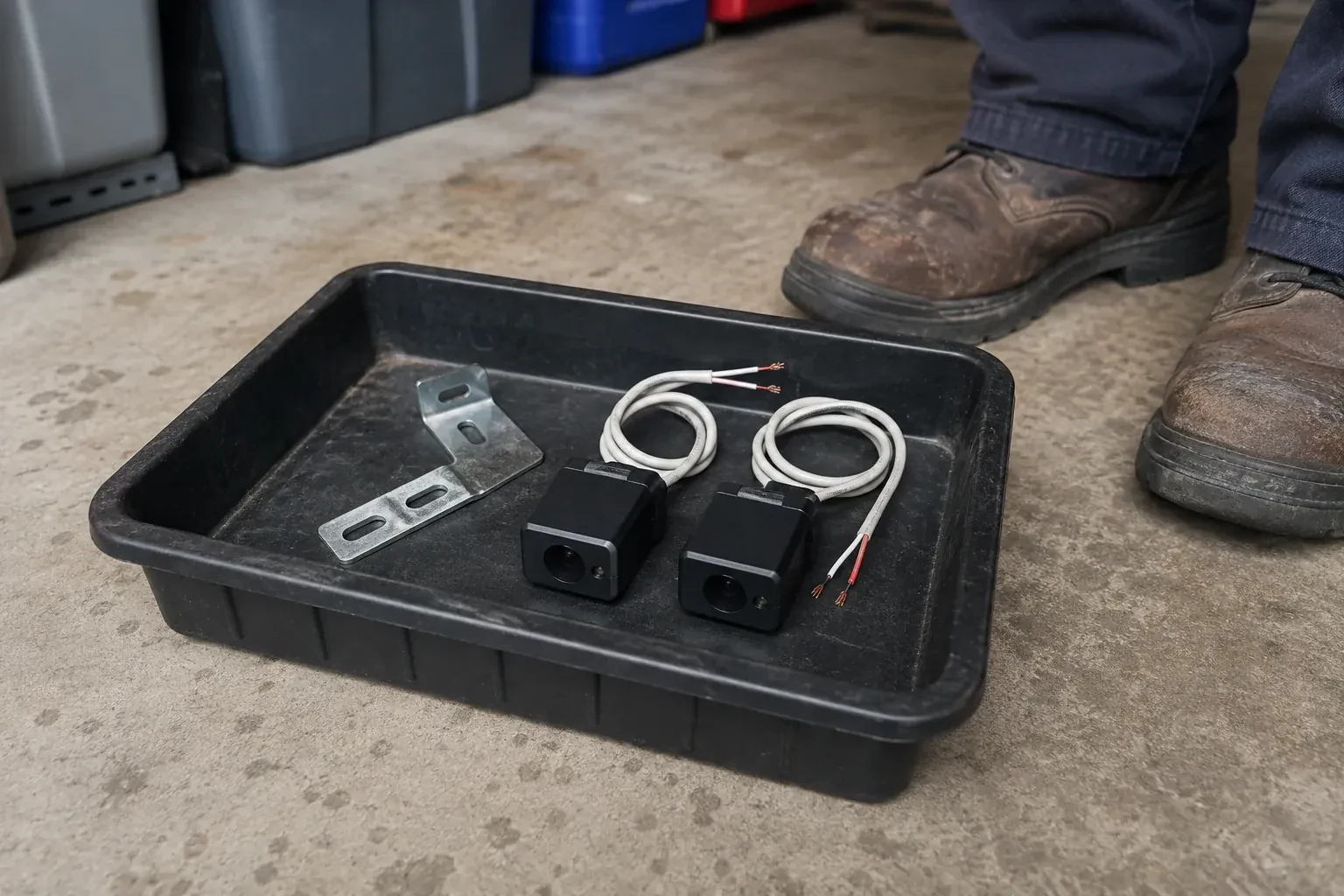 Two detached black sensors with recessed lenses and coiled wires lie in a tray beside a mounting bracket. — Photo-Eye Sensor Alignment or Replacement, Georgina