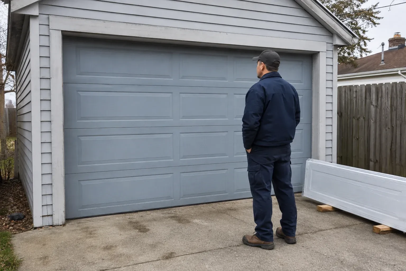 A person examines a blue-grey sectional garage door with a packaged door panel resting beside the driveway. — Sectional Garage Door Replacement, Georgina