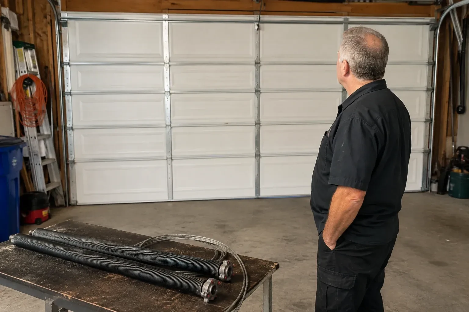 Detached coil springs with end fittings and a cable rest on a bench in front of a closed garage door. — Torsion Spring Replacement, Georgina